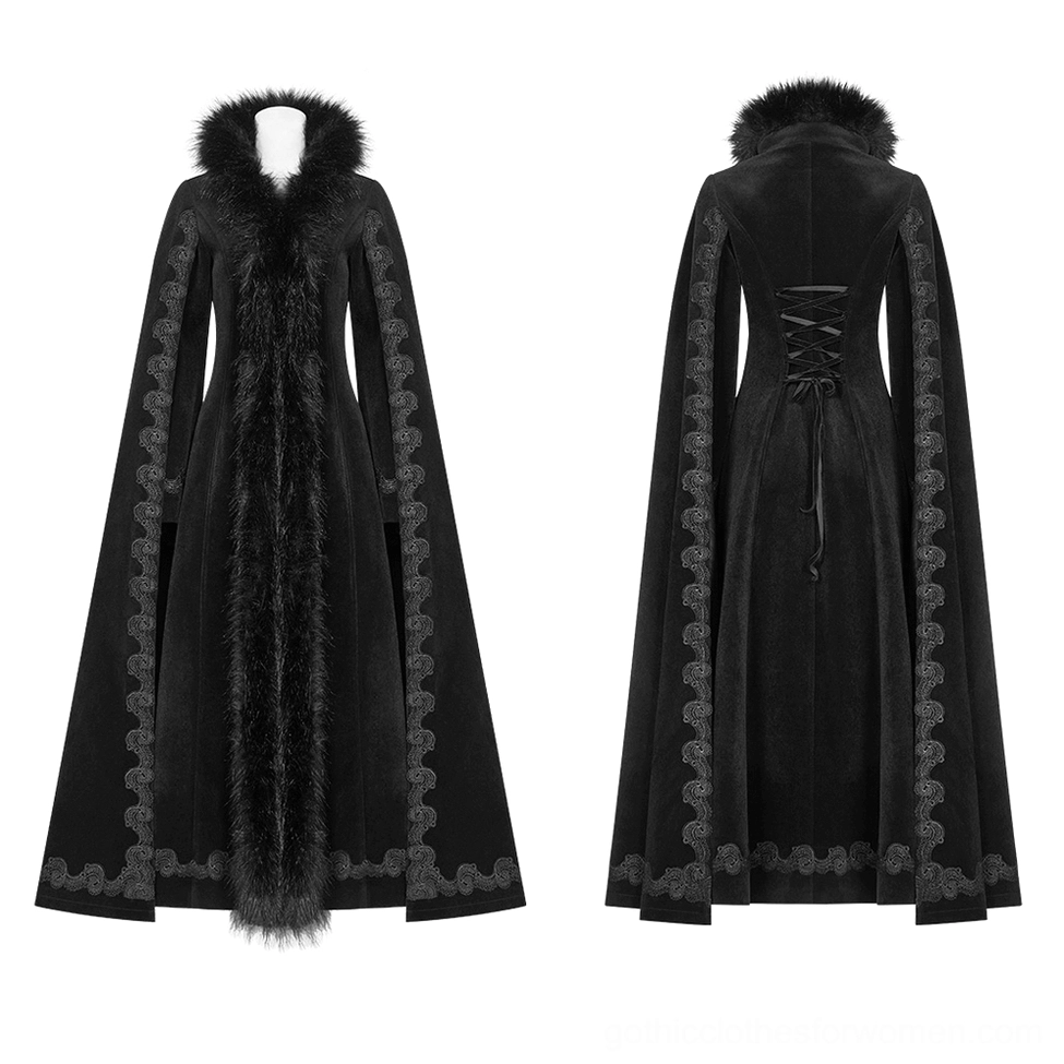 Black velvet gothic long coat flat lay front display showing faux fur collar and embroidered borders
