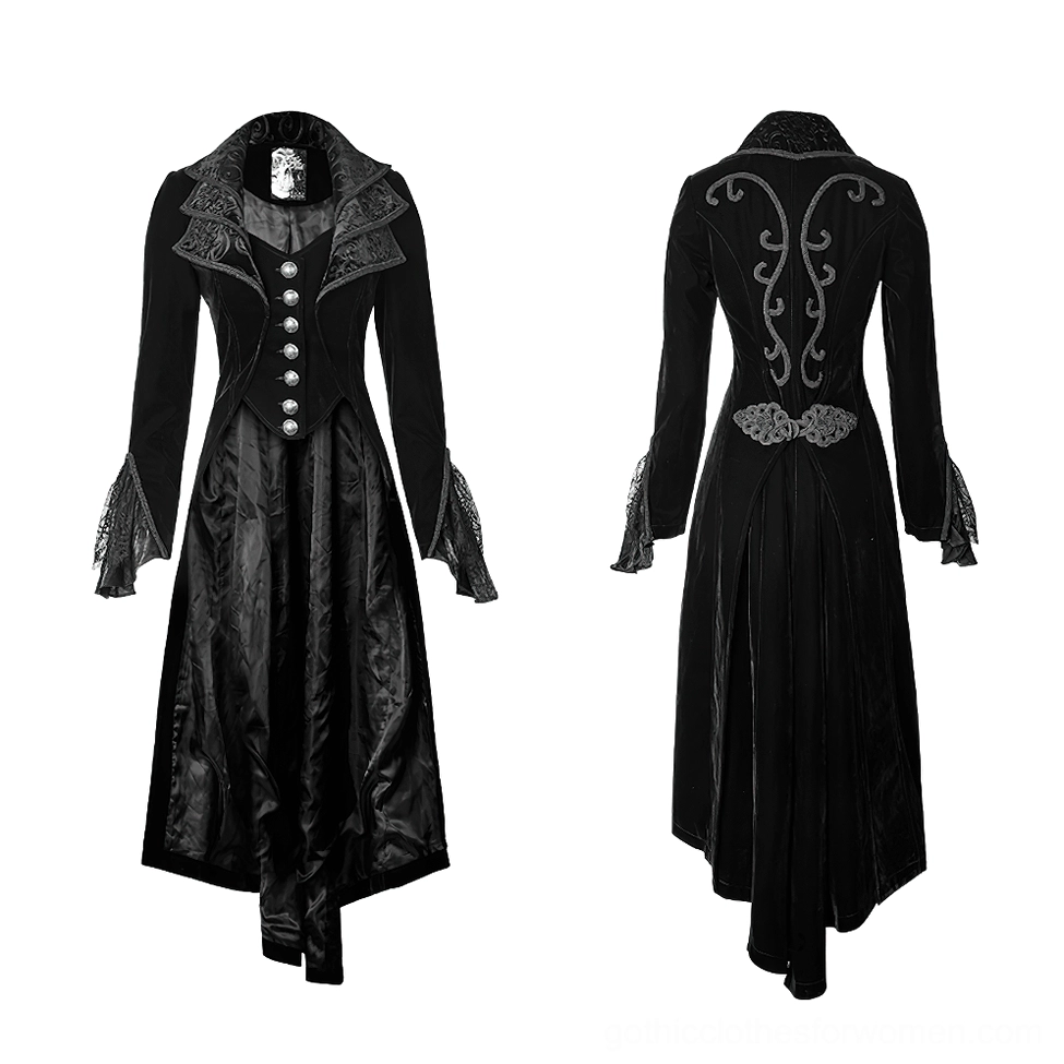 Black gothic trench coat front flat lay showing silver buttons and cascading collar construction