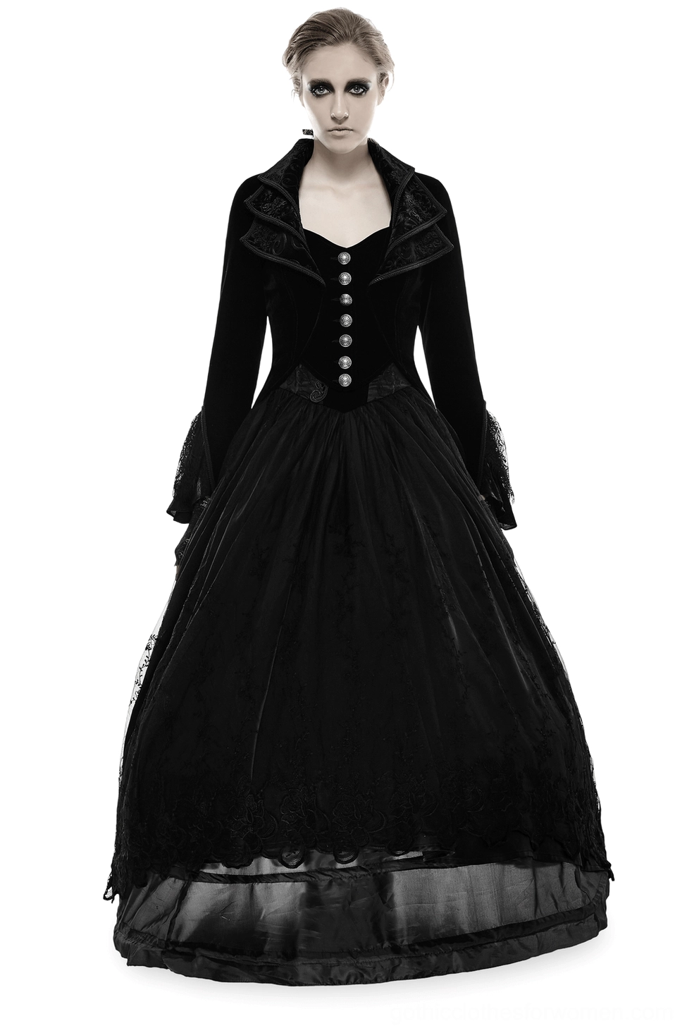Black velvet gothic trench coat front view with cascading collar detail on female model, studio photography
