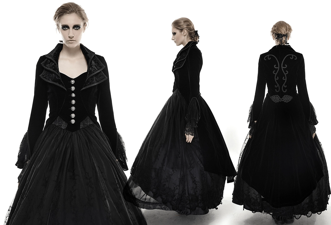 Black velvet gothic trench coat full-length front view on model showcasing dramatic silhouette