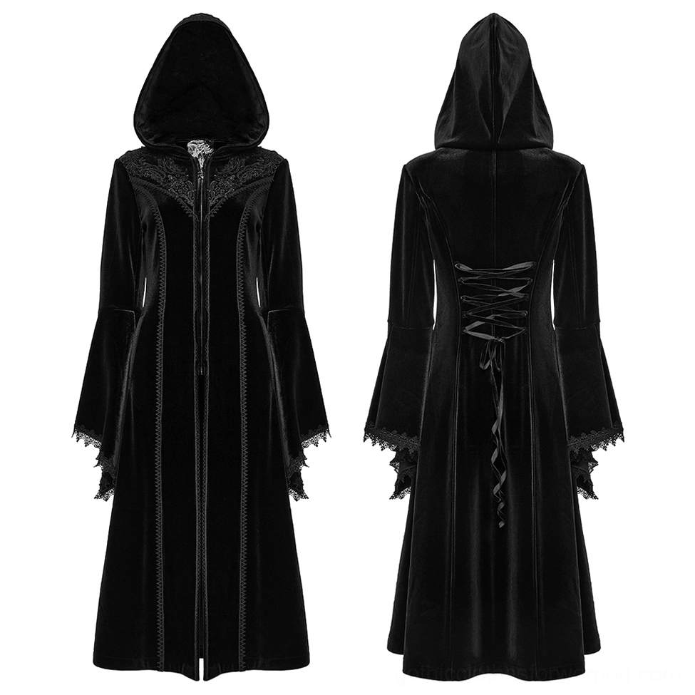 Gothic black velvet hooded coat with embroidered lace collar and front zipper closure, flat lay