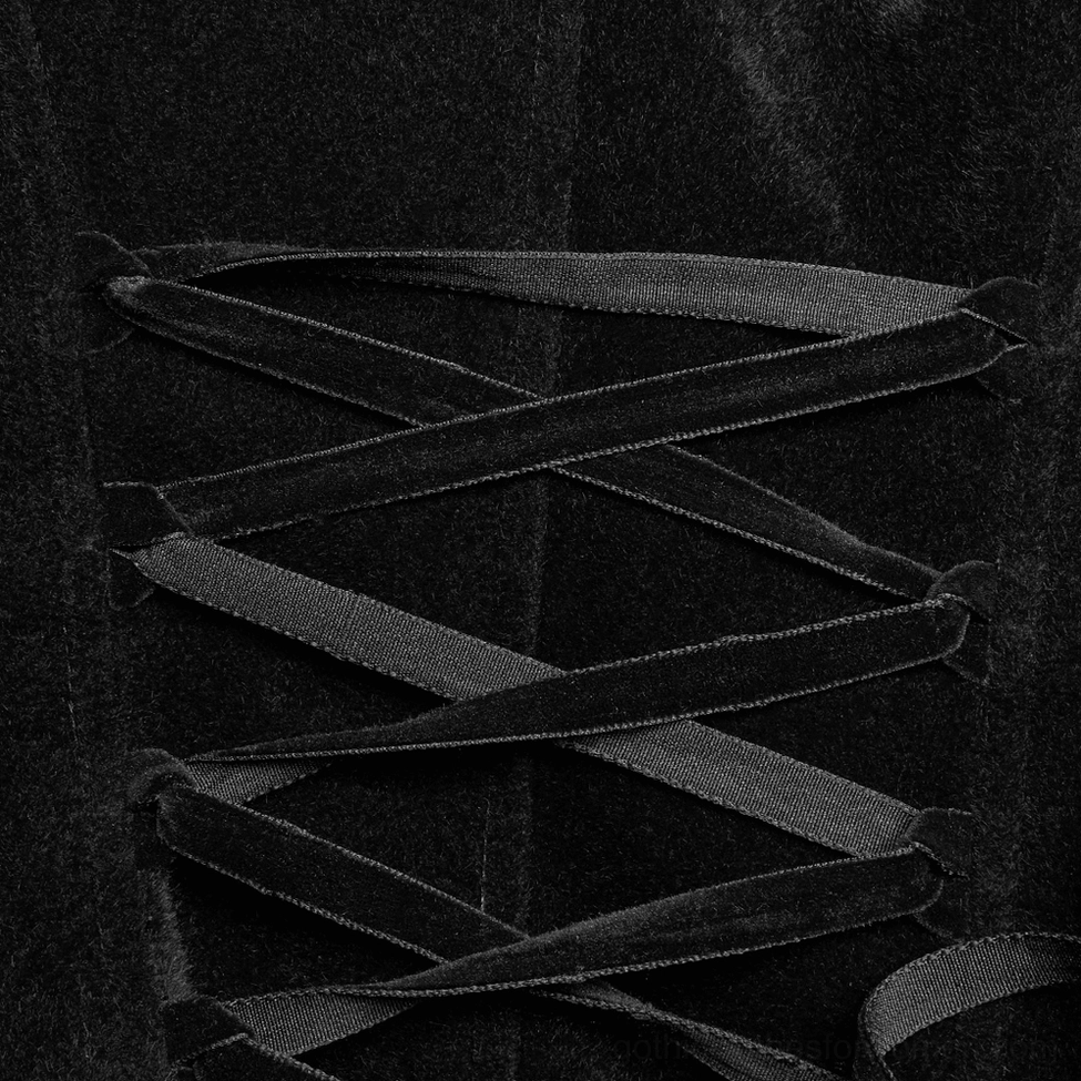 Close-up detail of black velvet gothic coat lace-up back showing cross velvet ribbon lacing technique