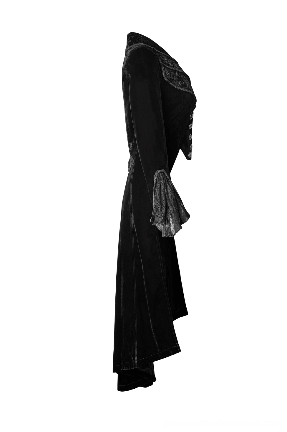 Black gothic velvet trench coat side view showing fitted silhouette and lace-trimmed cuffs