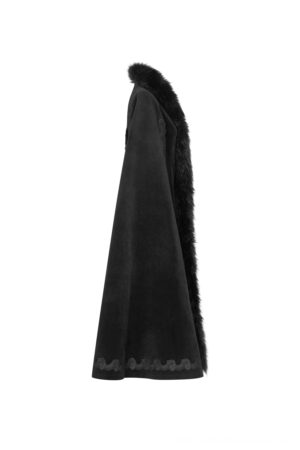 Black velvet gothic coat side view showing faux fur collar trim and embroidered hem detail