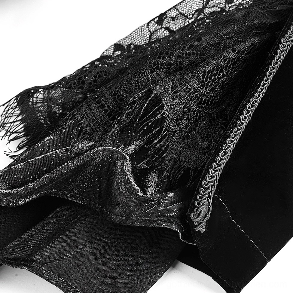 Black velvet gothic trench coat texture detail showing plush velveteen fabric quality and sheen
