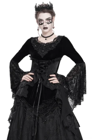Black velvet gothic corset top with bell sleeves worn by model with gothic styling and crown - front view