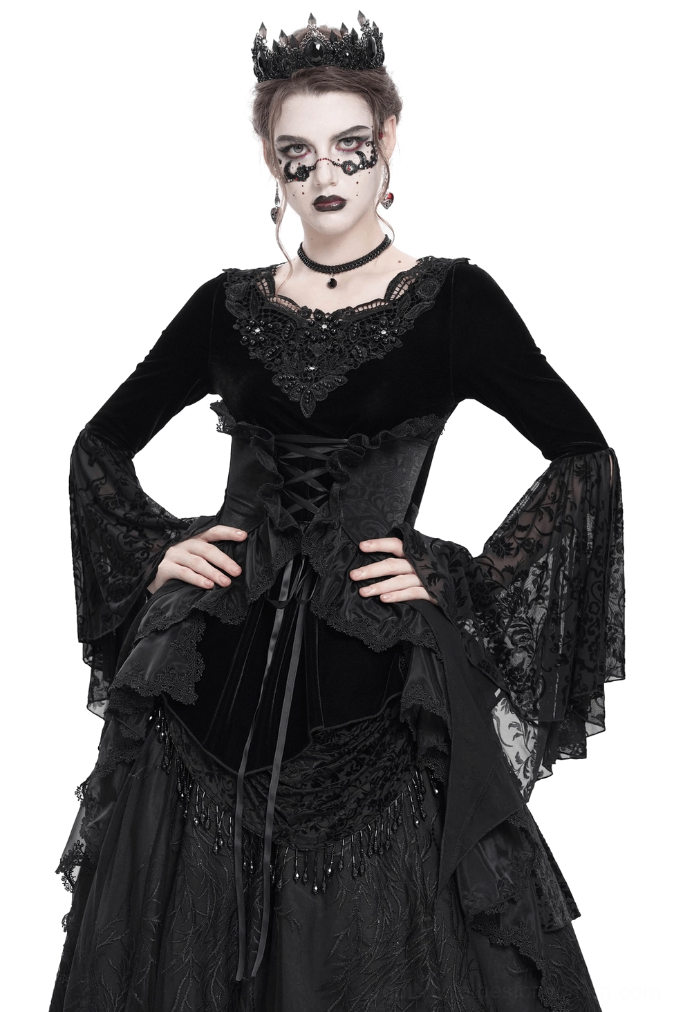 Black velvet gothic corset top with bell sleeves worn by model with gothic styling and crown - front view