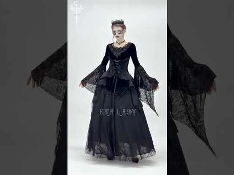 Full-body gothic black velvet corset dress styled with long lace skirt - complete outfit