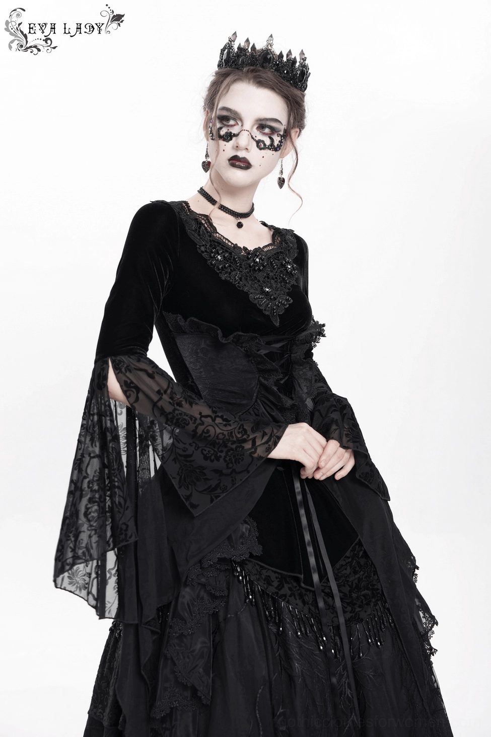 Black velvet gothic corset top full-body styling shot on dress form with lace details