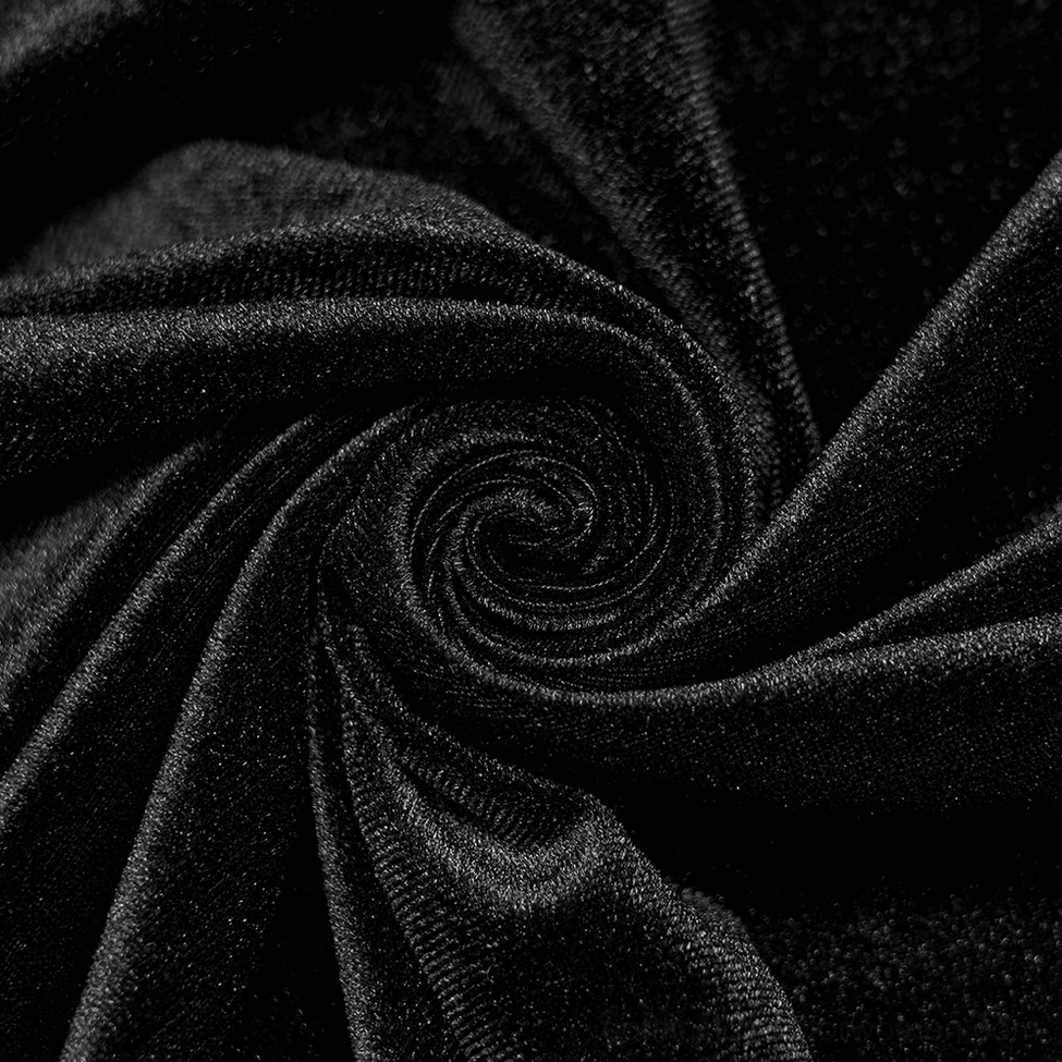 Alternative angle view of black velvet gothic lace-collar dress showing overall silhouette and drape