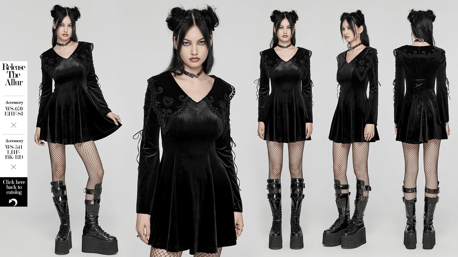Black velvet gothic lace-up dress lifestyle shot, showcasing romantic goth alternative fashion statement and wearable artistry