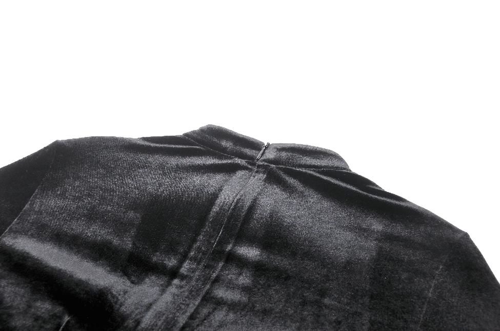 Close-up detail of black velvet gothic dress back collar showing stand collar and velvet seam construction