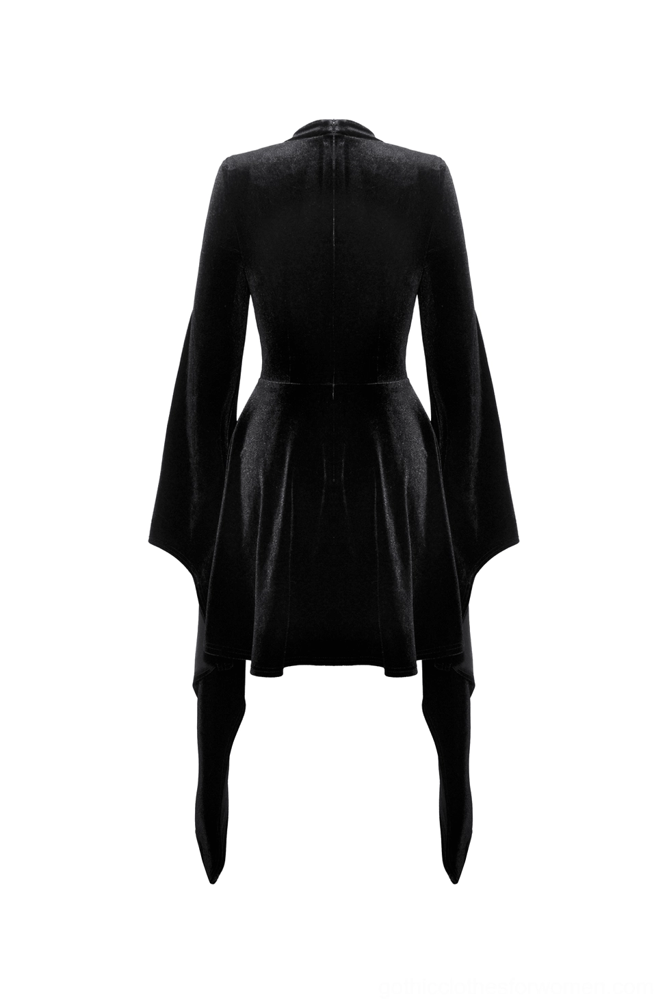 Black velvet gothic dress back flat lay showing solid velvet fabric and concealed zipper construction