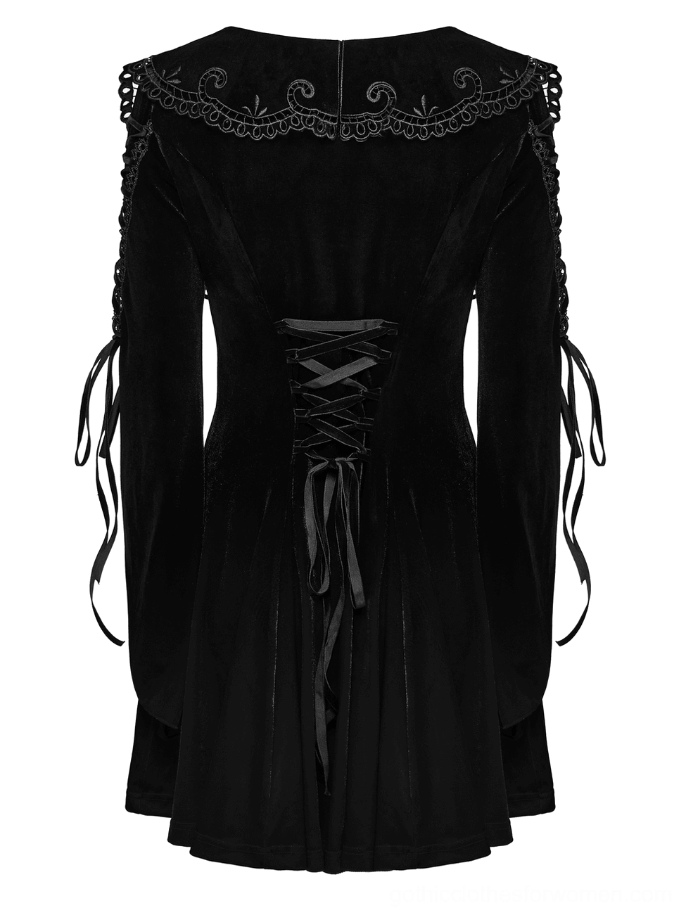 Black velvet gothic dress back flat lay view, showcasing back corset lace-up system and embroidered collar trim