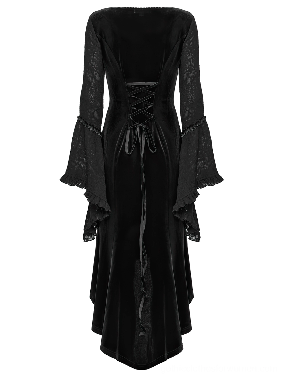 Black gothic velvet dress back flat lay view featuring traditional corset lace-up closure and ruffled lace bell sleeves
