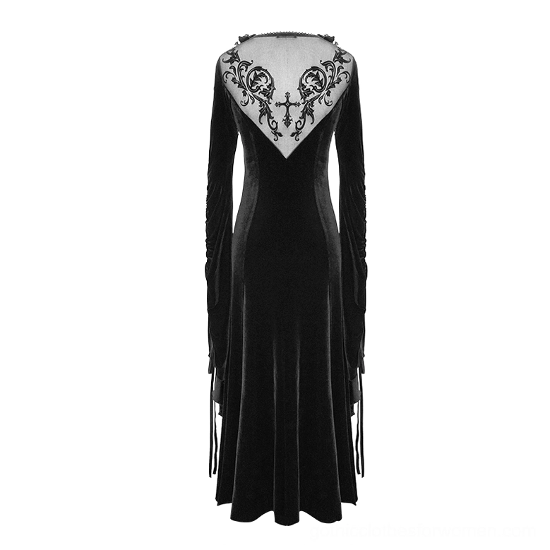 Black velvet gothic dress back flat shot showing A-line midi hem and sheer embroidered panel