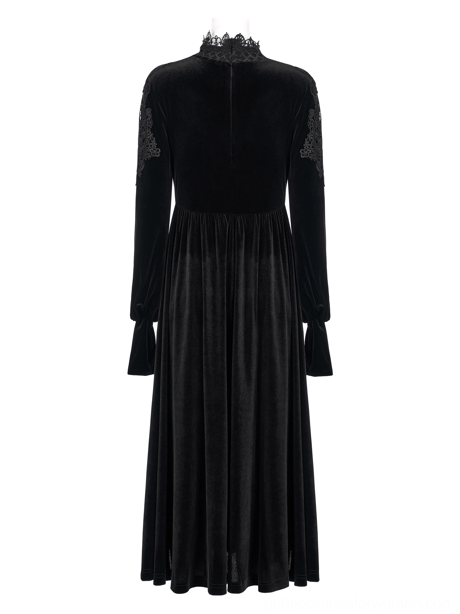 Back view of black velvet gothic dress on mannequin highlighting high gathered waist and solid velvet back panel