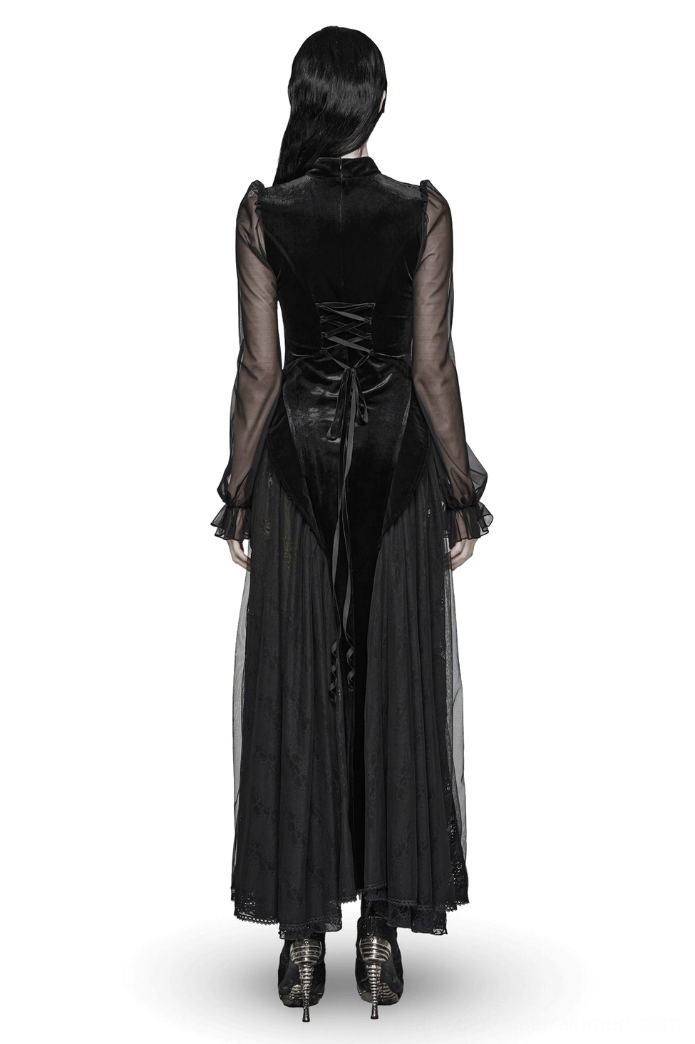 Black velvet mesh gothic dress back view showing lace-up closure, sheer mesh sleeves, and ornamental lace trim hem detail