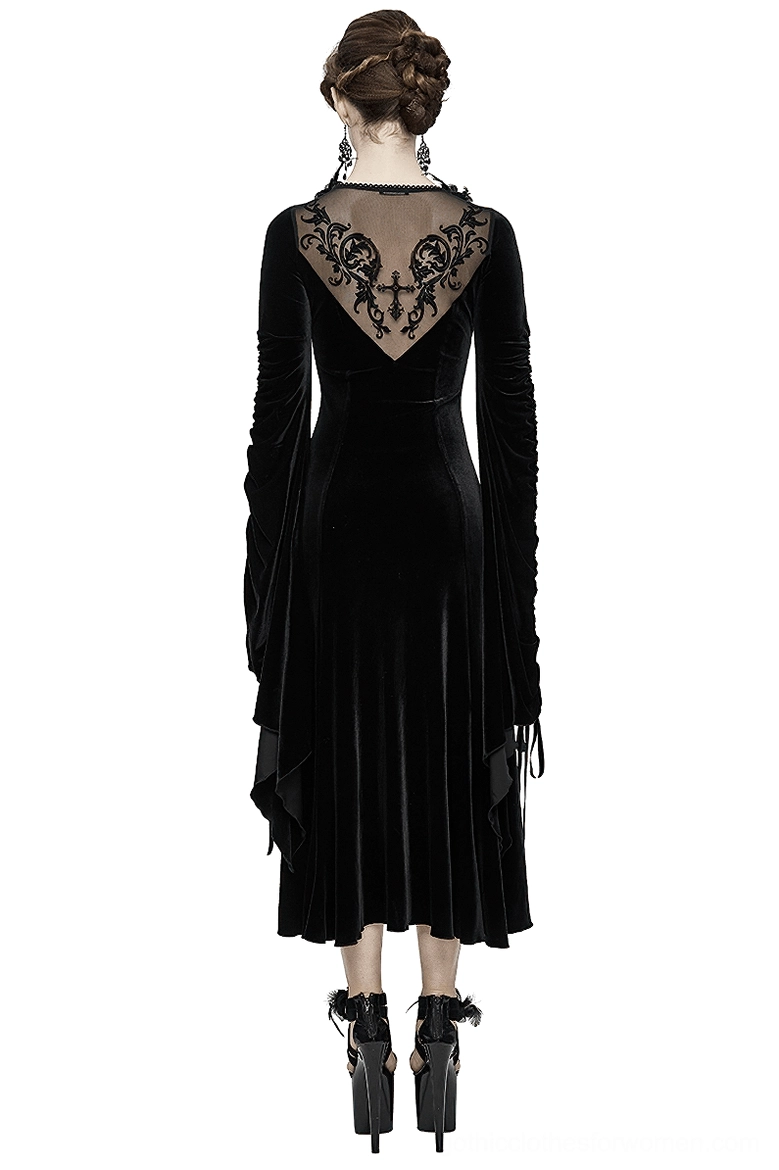 Black velvet gothic midi dress back view showing sheer embroidered mesh panel and lace detailing