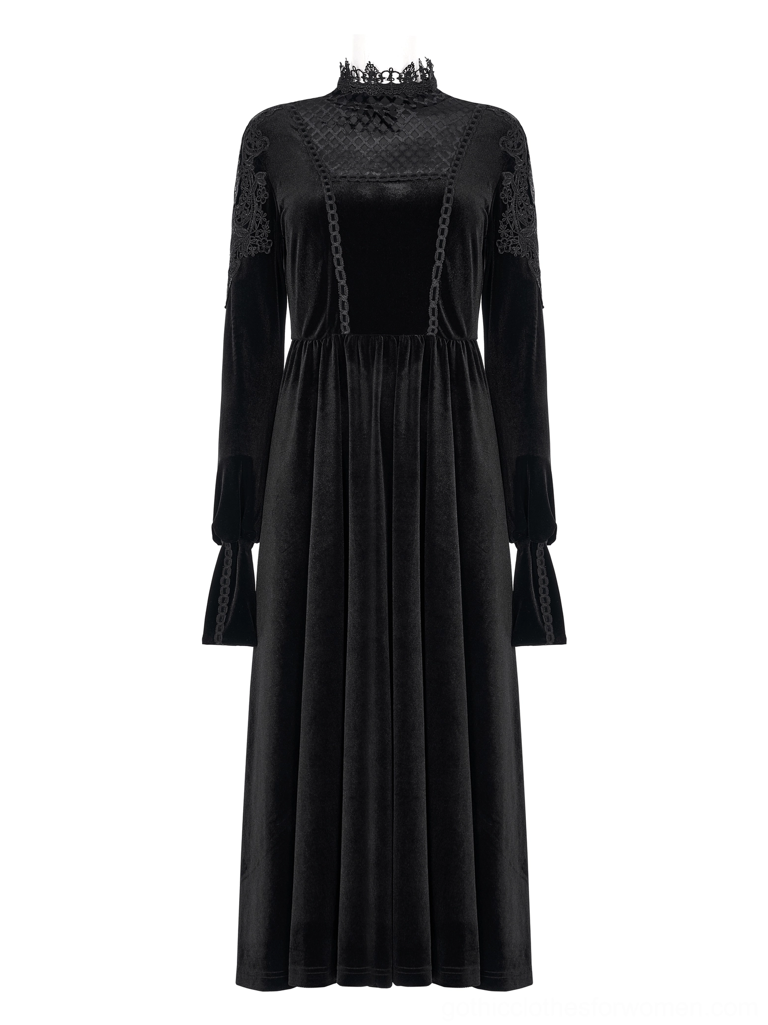 Front view of black velvet gothic dress on mannequin displaying square velvet bodice and gathered waist