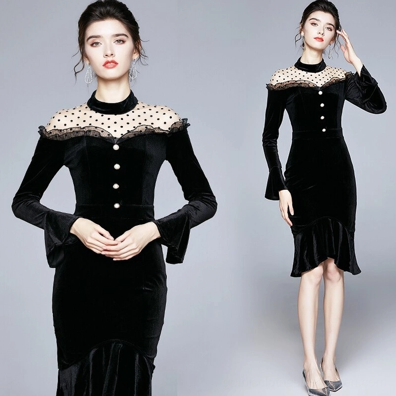 Two female models wearing black velvet gothic dress showing front and side profile views of bodycon fit and flared long sleeves on gray background