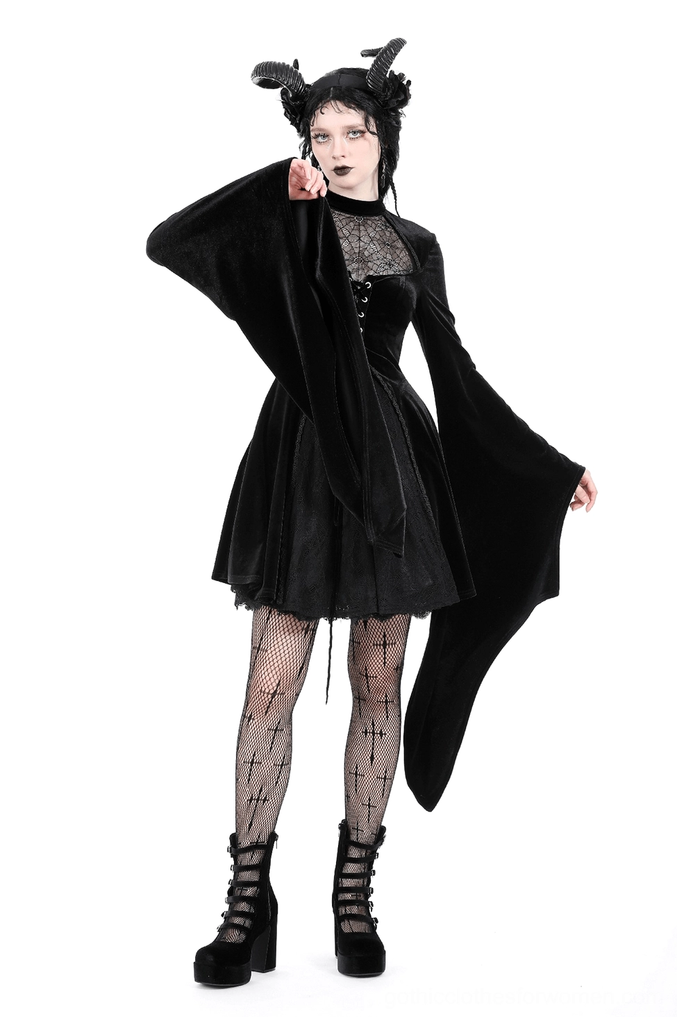 Black velvet lace-up gothic dress overall aesthetic and design cohesion with spiderweb lace and bell sleeves