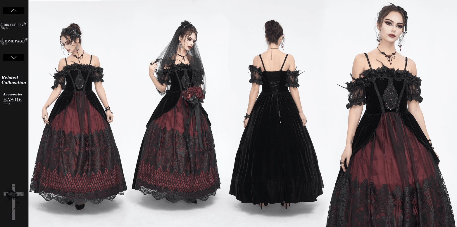 Black velvet off-shoulder gothic Victorian dress full view on model in studio showing complete design elegance
