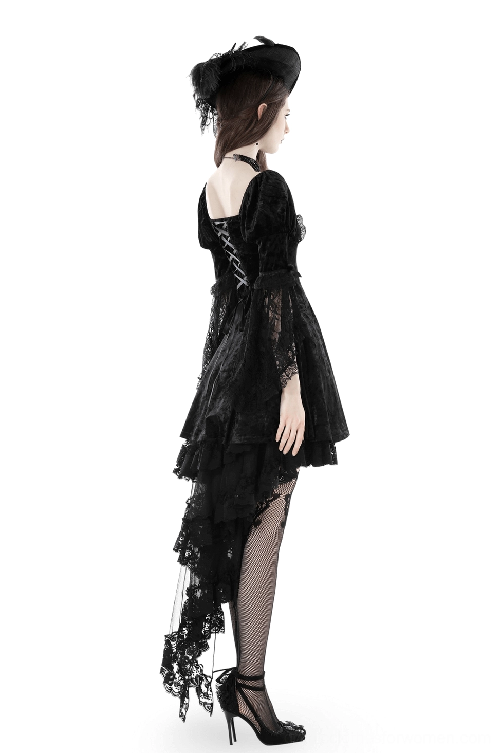 Gothic black velvet mini dress with corset lace-up back - rear view on model