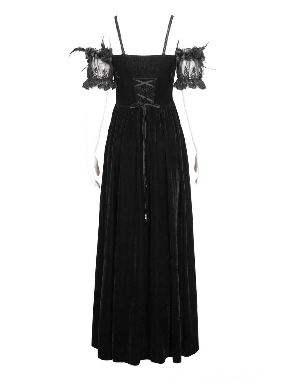 Solid black velvet gothic dress front view with corset lace-up back and floor-length spaghetti strap silhouette