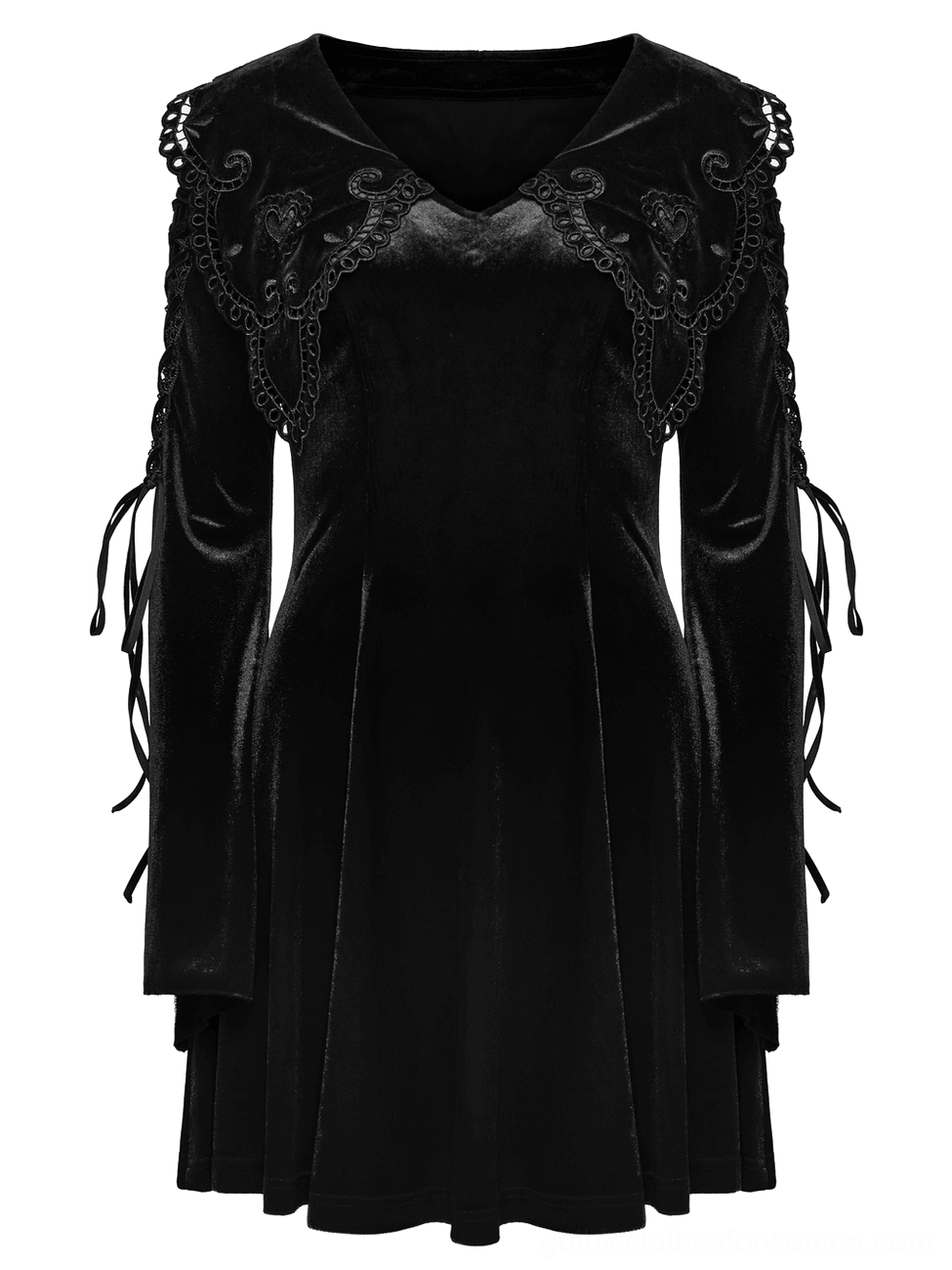 Black velvet gothic mini dress front flat lay shot, showing embroidered heart collar, flared sleeves, and lace-up details