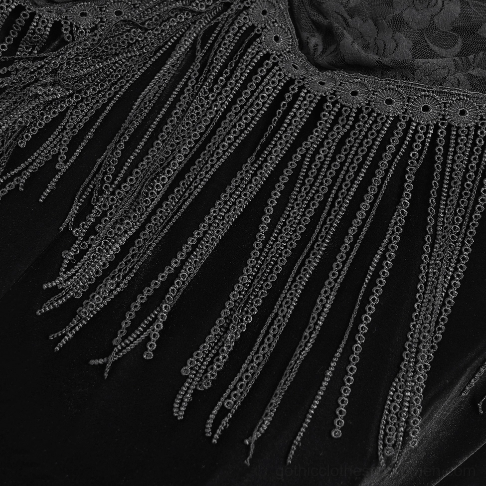 Black velvet halter gothic dress showing fabric texture and drape quality