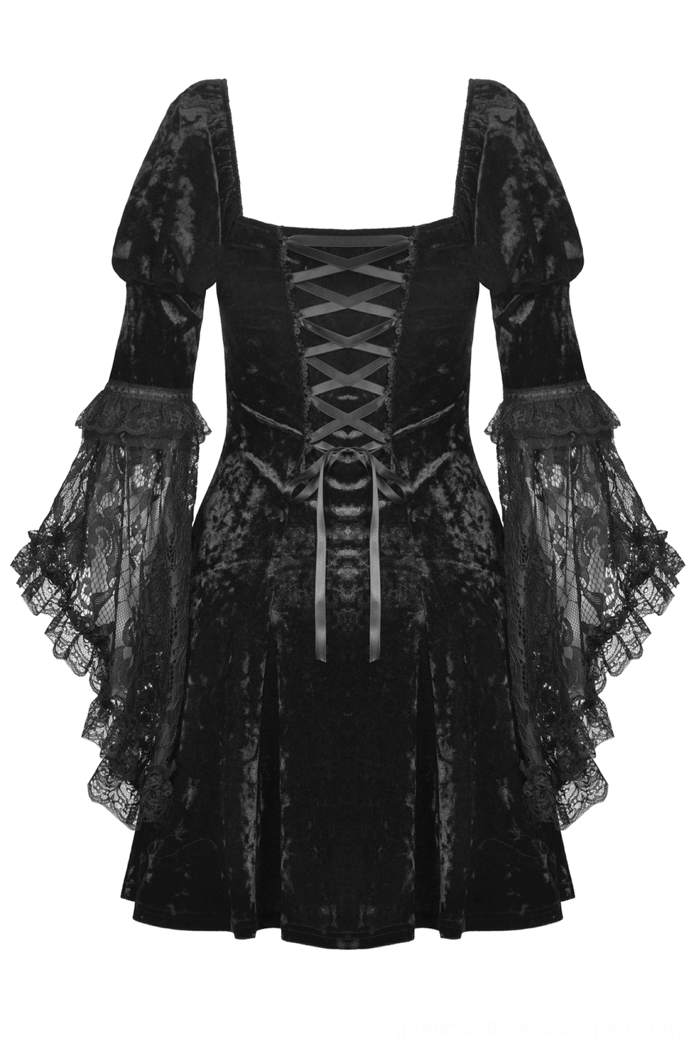Black velvet gothic dress - flat back view showing corset lace-up and bell sleeve details