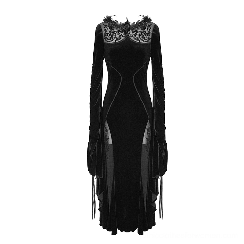 Black velvet gothic dress flat lay front shot displaying side mesh split and filigree neck trim