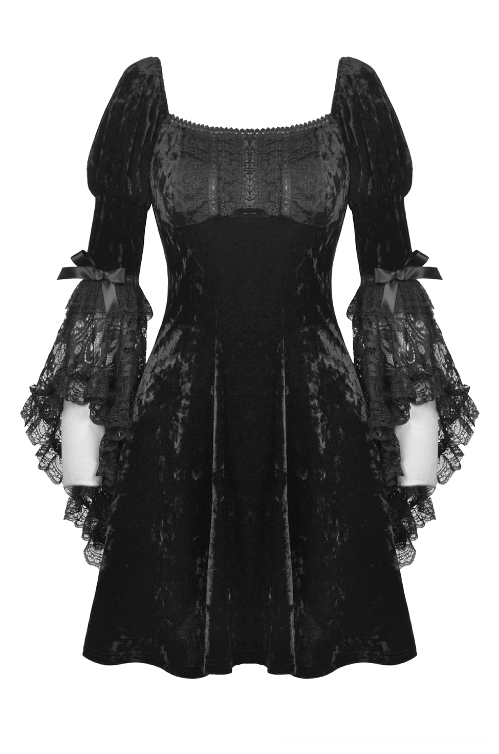 Black velvet gothic mini dress - flat front product view showing square neckline and lace details