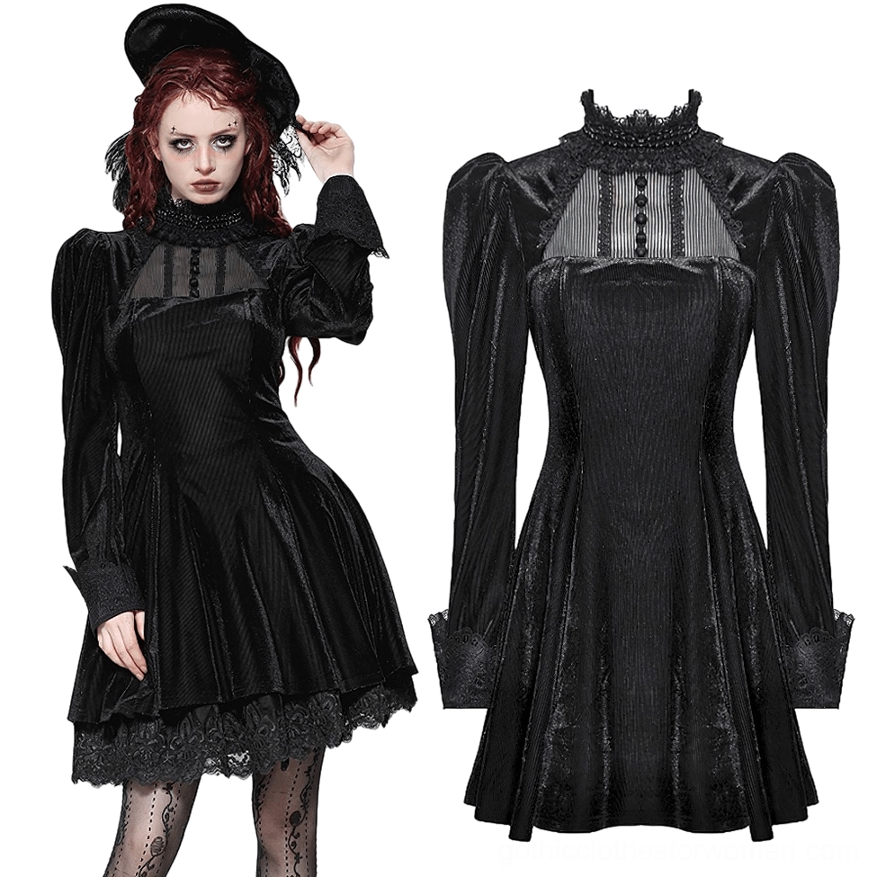 Black velvet gothic dress flat lay and on-model display showing sheer bust panel, front button trim details, and fitted silhouette