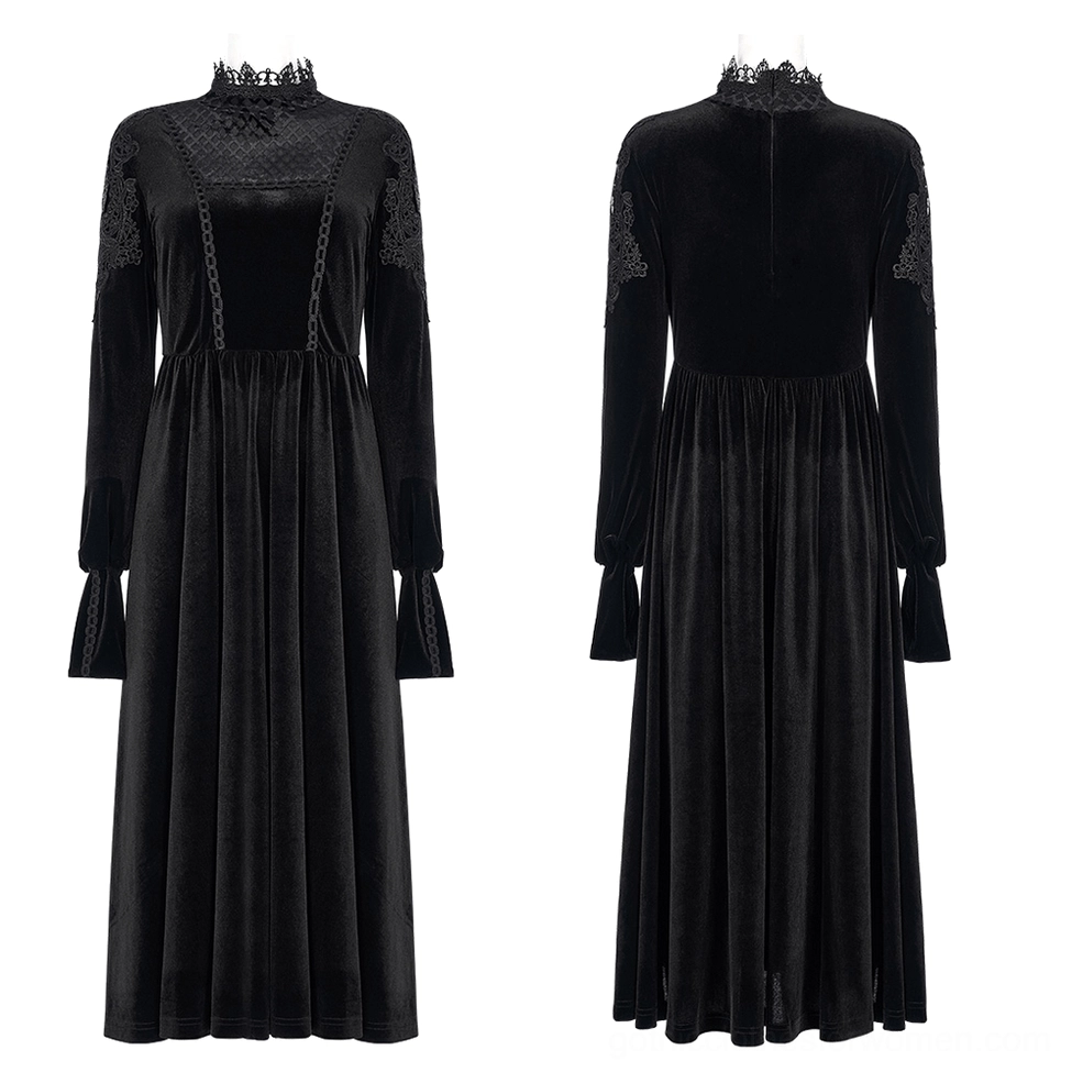 Front and back flat lay display of black velvet gothic dress on mannequin showing lace trim details