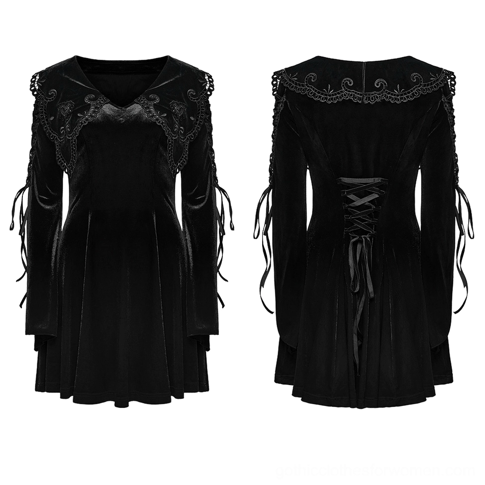 Black velvet gothic lace-up dress dual flat lay front and back views, displaying embroidered collar and lace-up sleeve construction