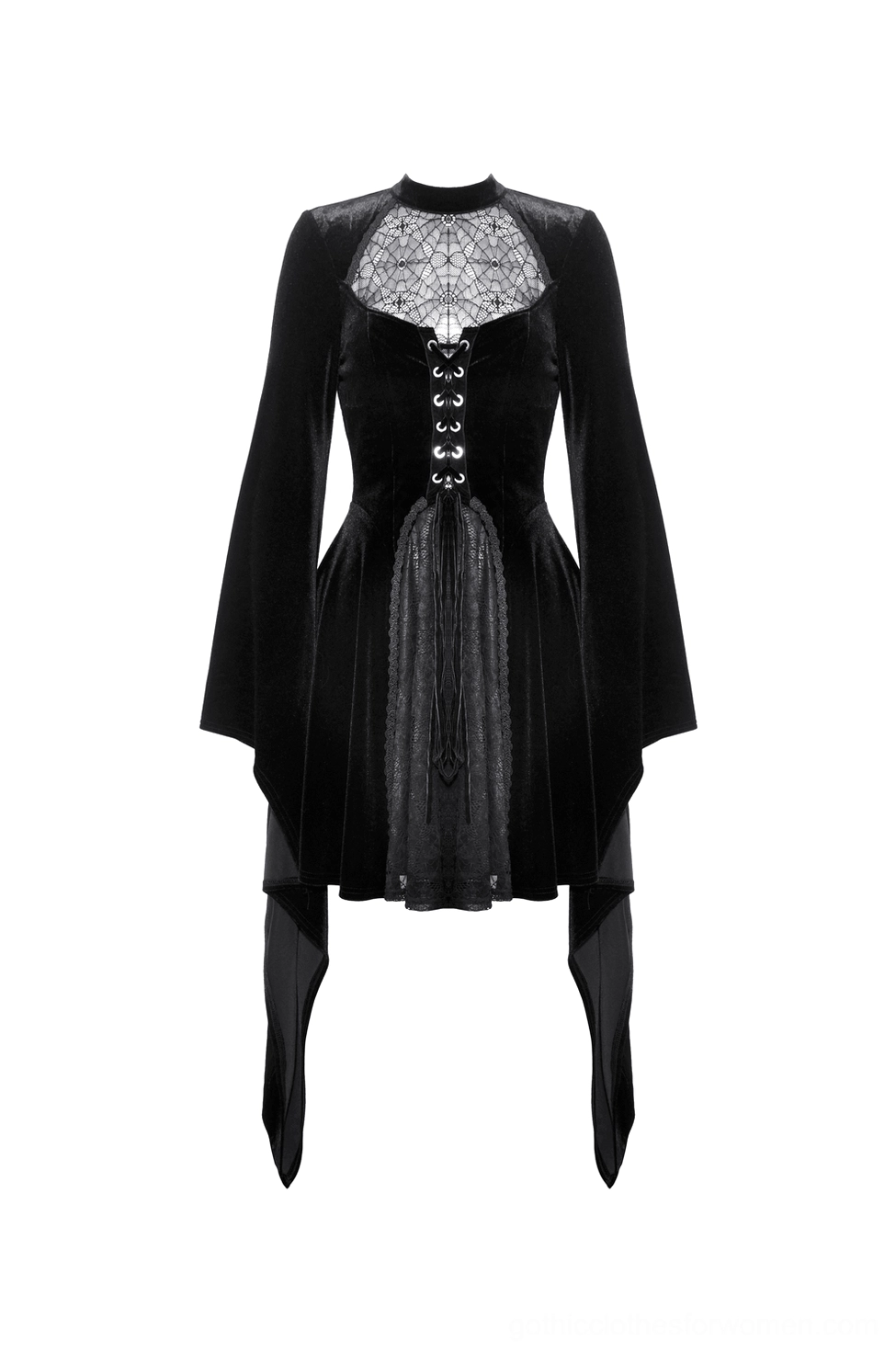 Black velvet lace-up gothic dress front flat lay showing spiderweb lace panel and corset lacing detail