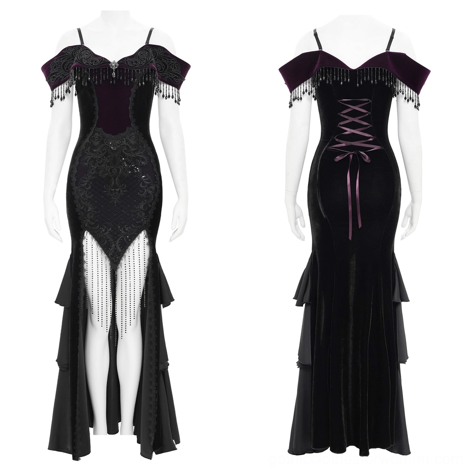 Black velvet off-shoulder mermaid dress on dress form showing fitted bodice and split thigh detail