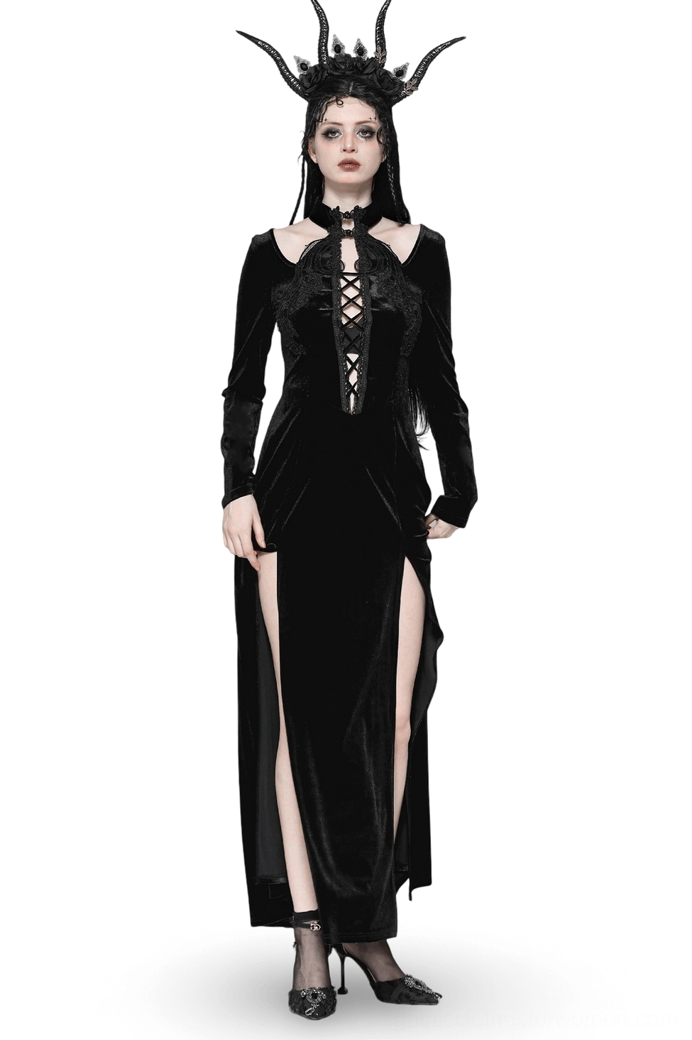 Black velvet gothic lace-up maxi dress front view on model with horned headdress, featuring front crisscross lacing and ruffled lace trim details