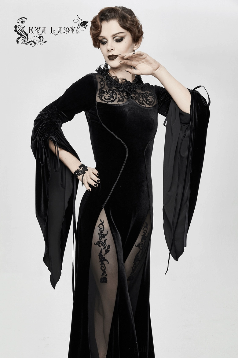 Black velvet gothic dress front view detail showing neckline filigree and body fit structure