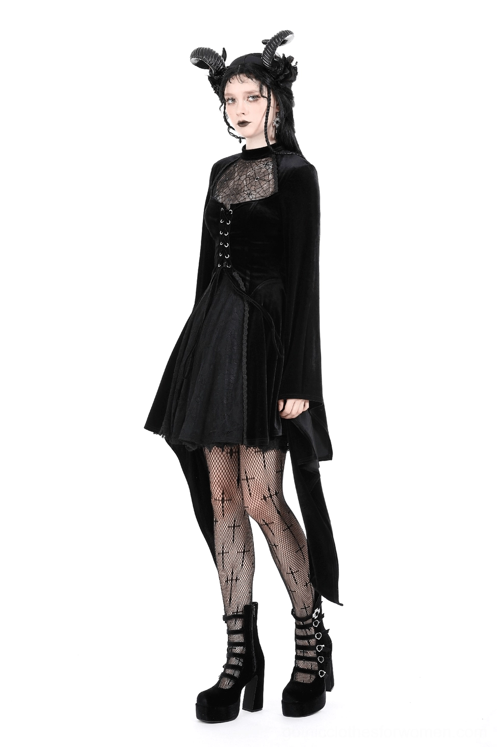 Black velvet lace-up gothic dress full-length profile view emphasizing silhouette and irregular hemline design