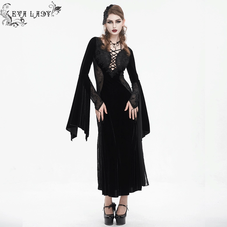 Black velvet Gothic maxi dress full-length view showcasing elegant silhouette and alternative fashion aesthetic
