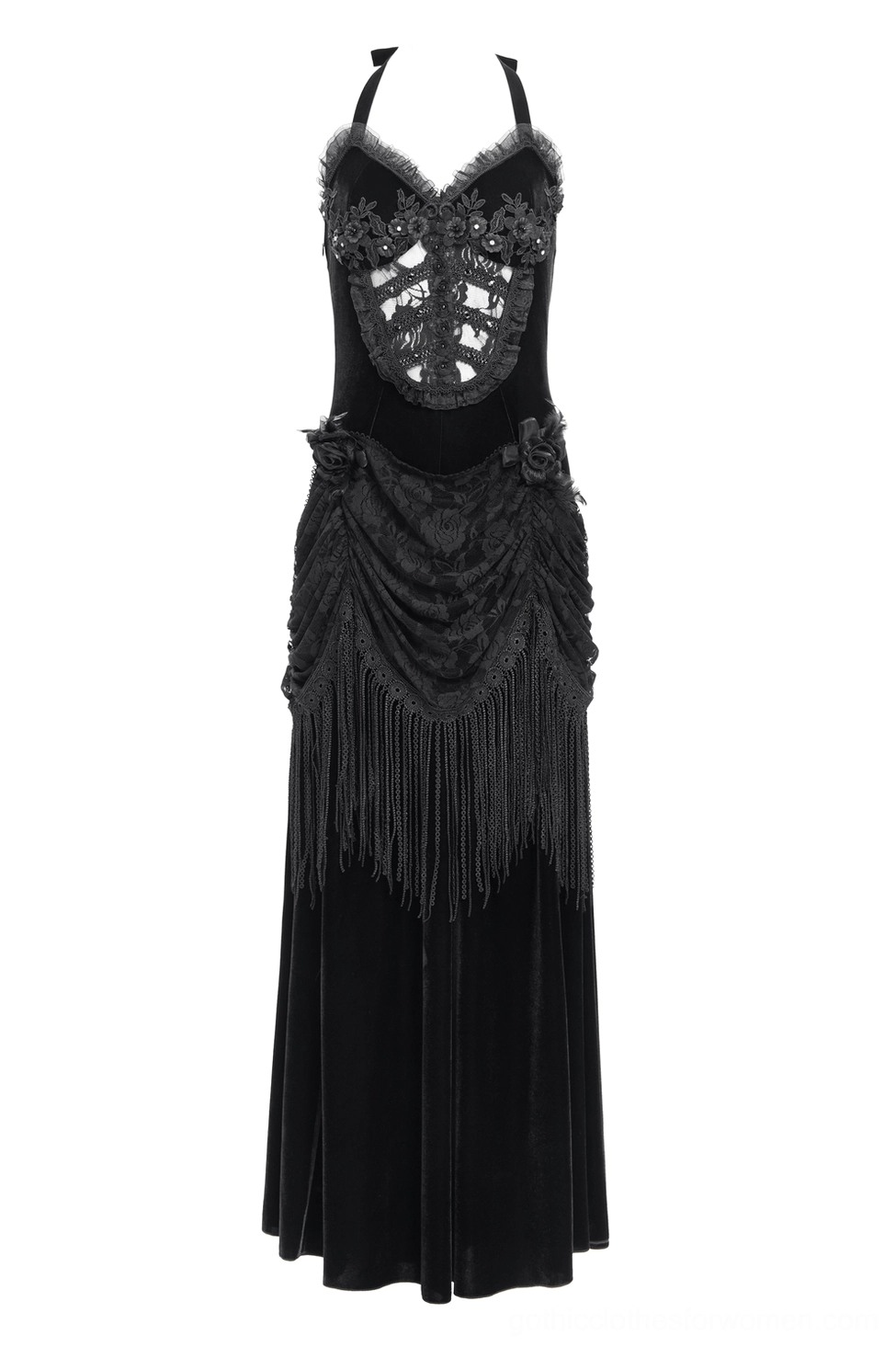 Black velvet gothic halter dress full length view showcasing halter neckline and silhouette