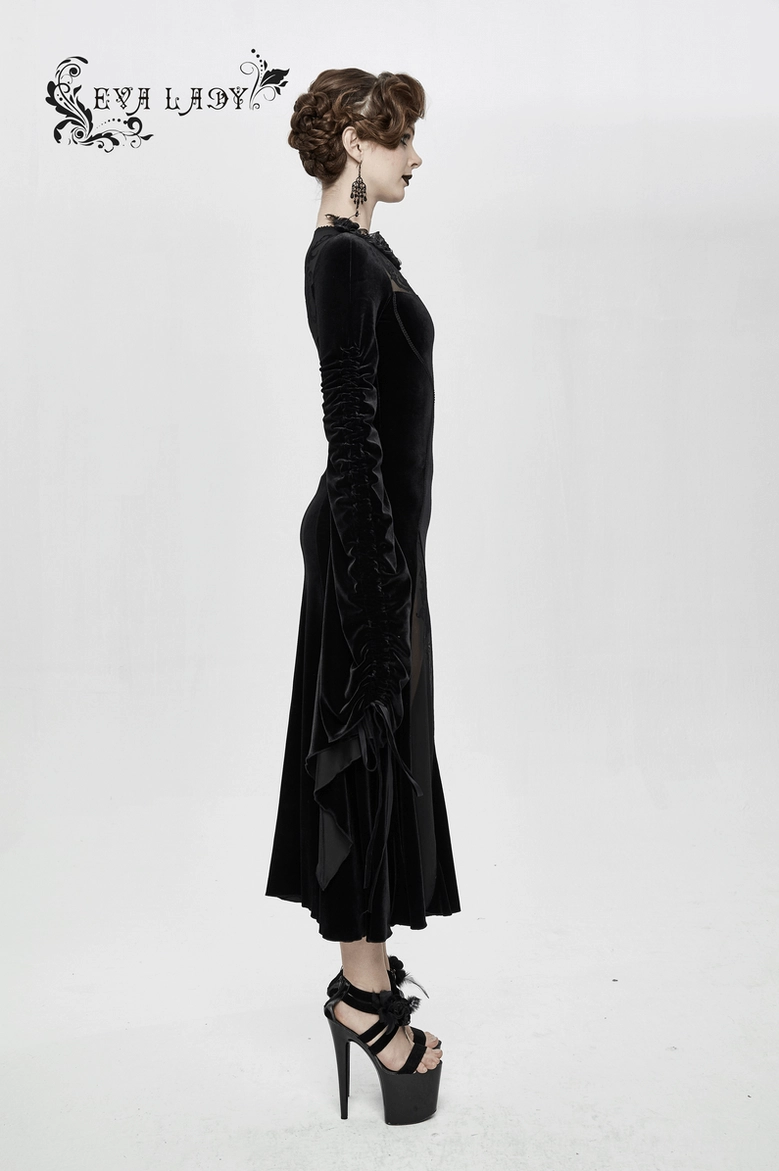 Black velvet gothic dress detail view of A-line hem and lower dress construction quality