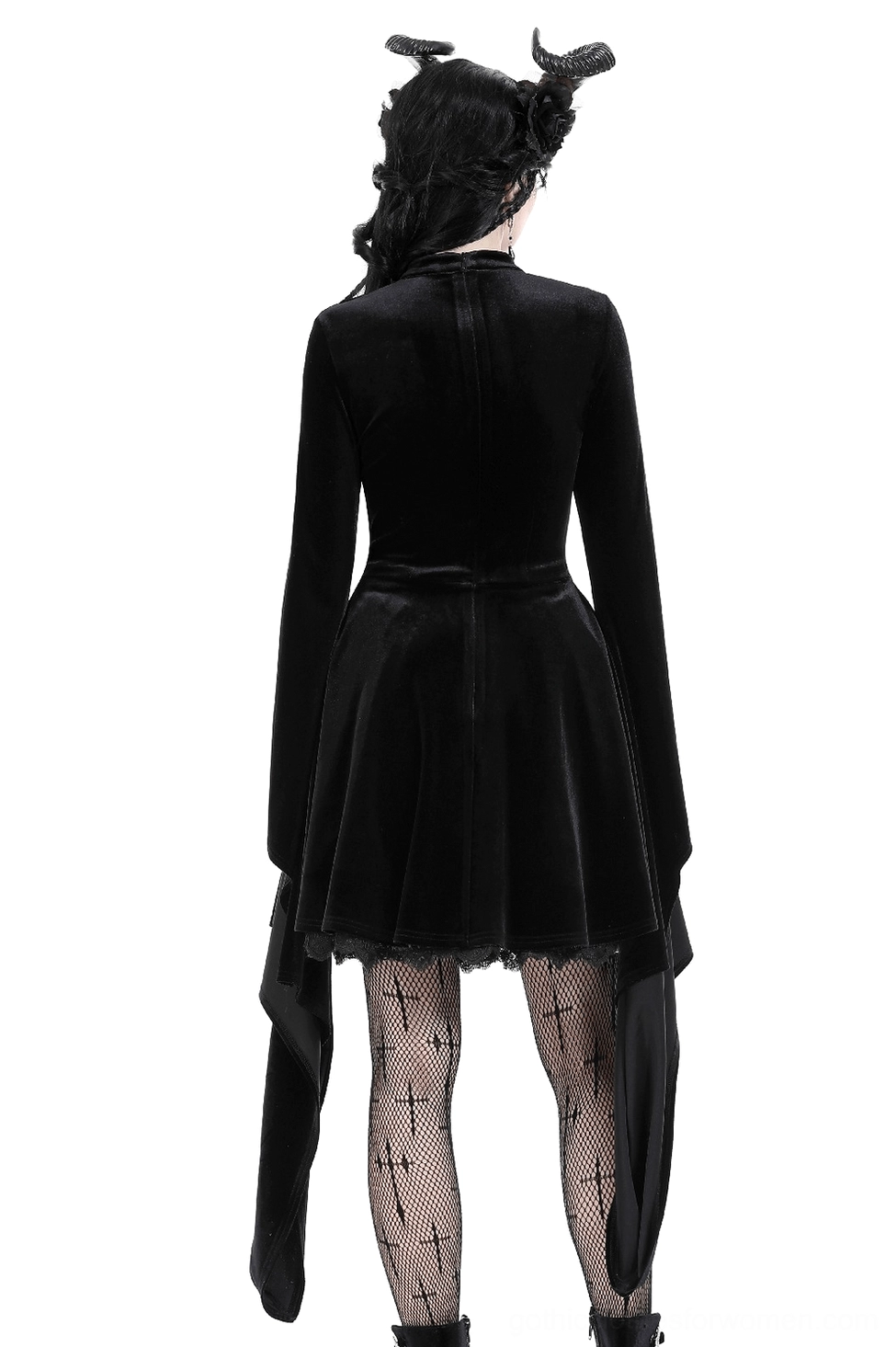 Black velvet lace-up gothic dress back view showing hidden zipper and side drapes on model with horn headpiece