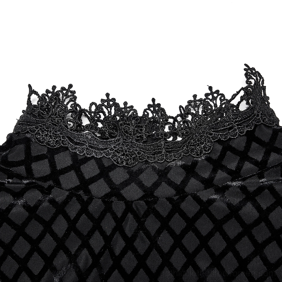 Close-up detail of scalloped lace high collar with diamond-patterned velvet on gothic dress