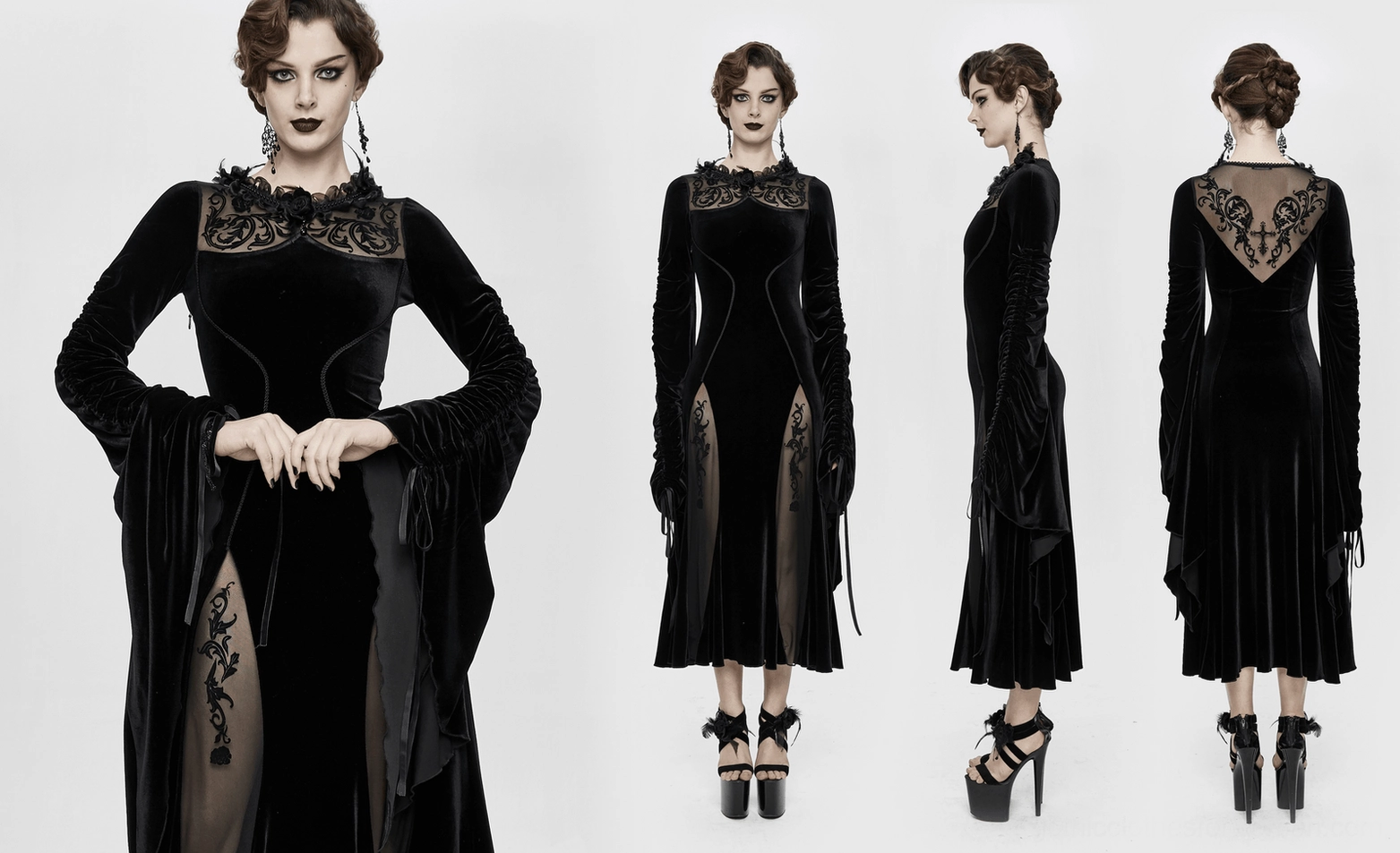 Black velvet gothic dress showing lace embellishment density and ornamental detail complexity