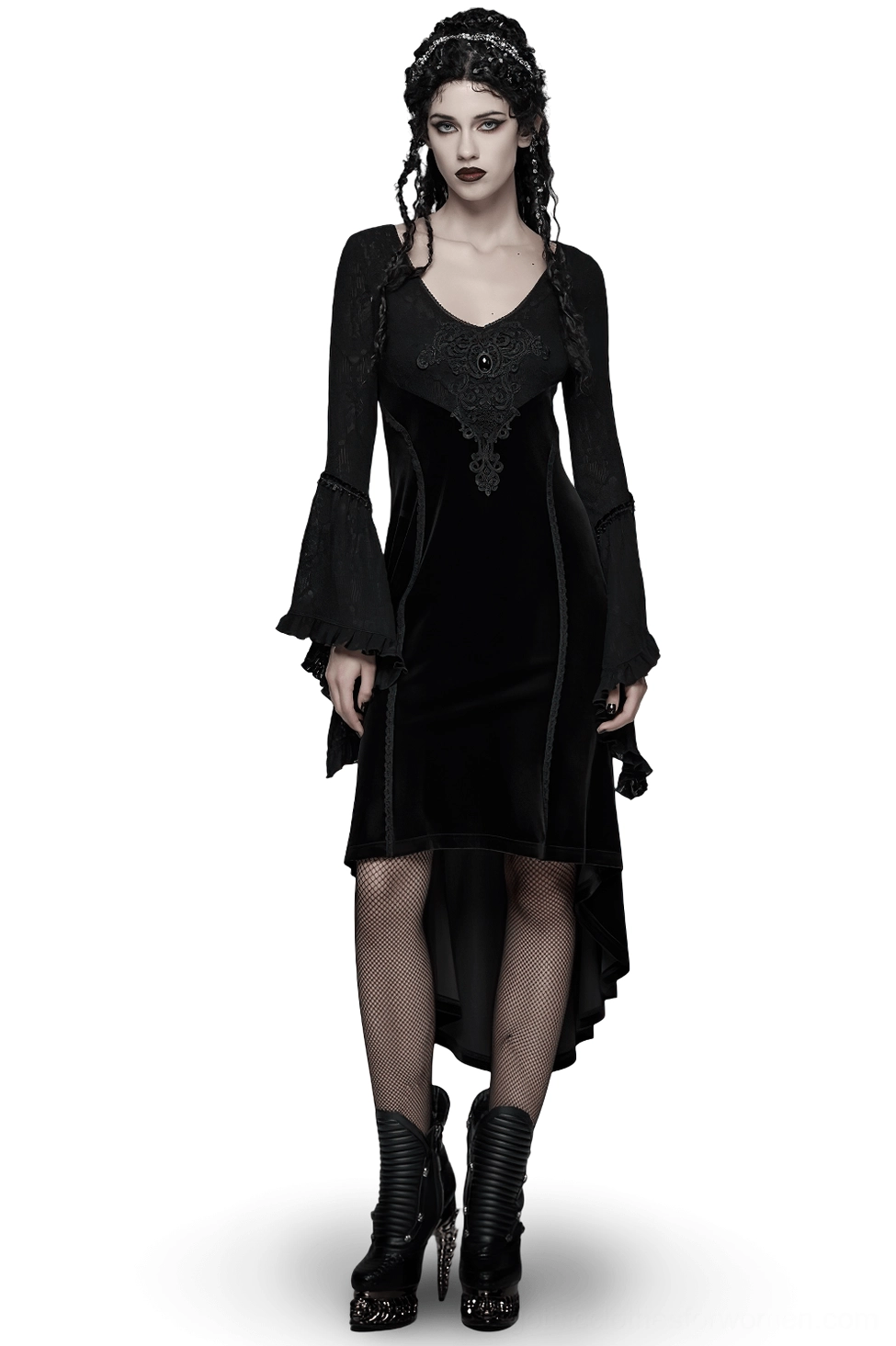 Black velvet gothic high-low dress with ruffled lace bell sleeves and embroidered lace bust appliqué, front full-body view on model