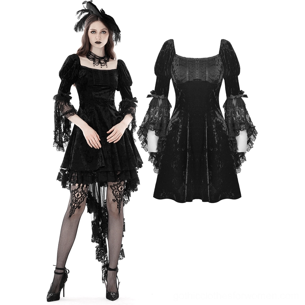 Black velvet gothic dress with lace bell sleeves - front three-quarter view and flat lay